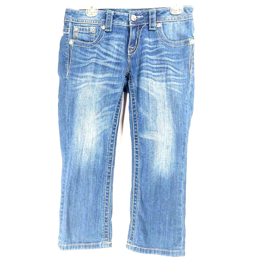 Miss‎ Me Womens Junior 27 Signature Cuffed Capri Denim Embroidery Low Rise